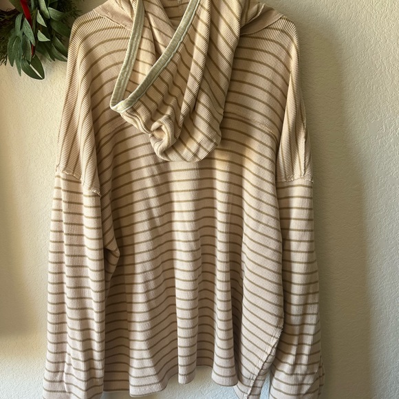Free People blush, beige, striped tunic pullover hooded waffle knit top XL - Picture 3 of 7